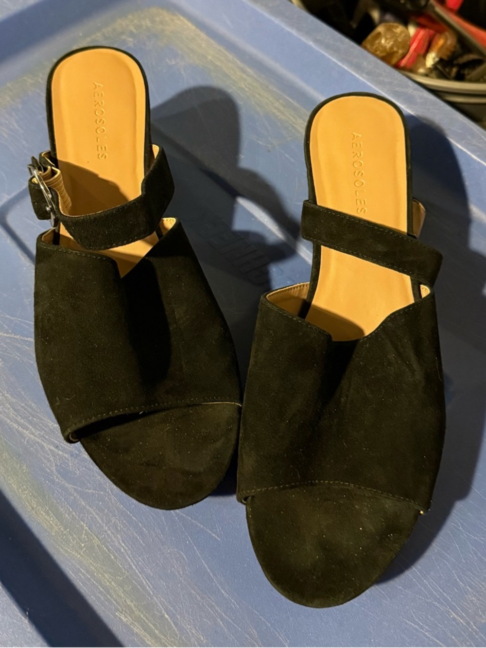 AEROSOLES Black Suede Open-Toe Slide Mules